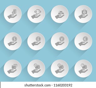 hand and money web icons on light paper circles