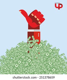 Hand and money. winner in heap of cash. Business illustration