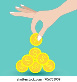 Hand and money. Woman hand with white nail picking up coin. EPS10 vector illustration for banner, template, design element, poster, business scene. 