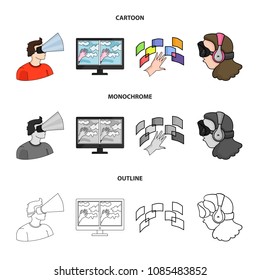 Hand, monitor, headphones, woman .Virtual reality set collection icons in cartoon,outline,monochrome style vector symbol stock illustration web.