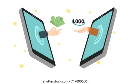 The hand from the monitor of phone stretches a money to a performer. Concept of earnings on the Internet, freelancer. Modern vector illustration.