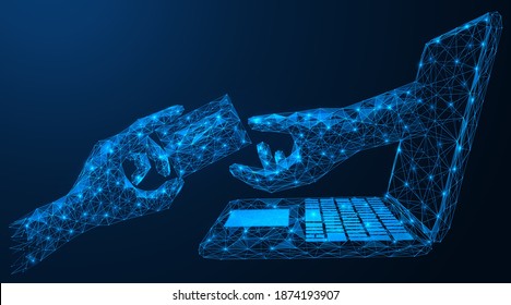 The hand from the monitor requests the user's Bank credit card. Threat to the security of electronic banking. Polygonal construction of concatenated lines and points. Blue background.