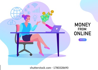 The hand from the monitor sent the money to the happy woman on the desk. Modern business can be transfer money online to anywhere. vector illustration.