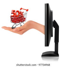 Hand from a monitor with shopping cart full of sales  Concept of discount  Vector