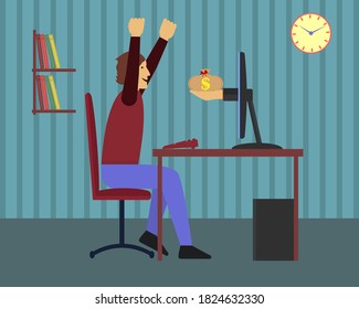 The hand from the monitor stretches a bag of money to a happy man. He raised his hands and fists up. Concept of earnings, income on the internet, gambling. Vector illustration. 