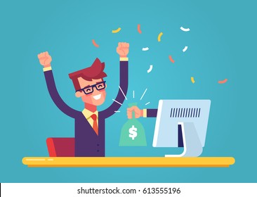 The hand from the monitor stretches a bag of money to a happy man. Concept of earnings on the Internet, online income, gambling. Modern vector illustration.
