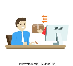 The hand from the monitor stretches a package