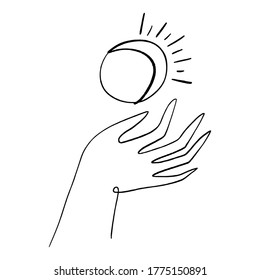 Mano y luna. Logo o icono de estilo dibujado a mano. Moda, belleza, concepto de cuidado de la piel. Ilustración vectorial de arte de línea.