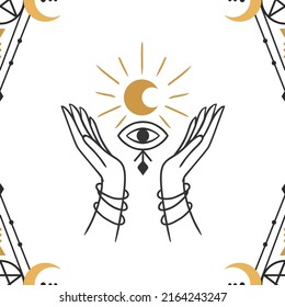 Hand moon gold pattern, geometry on white background. Magic poster. Texture, background, pattern.  Design element. Mystical vector illustration. 