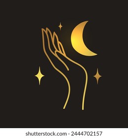 Hand moon lineart vector design, hand drawn celestial boho logo or emblem. Magic Symbol for decoration cosmetics, market and packaging or beauty products