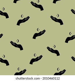 Hand with moon magic esoteric pattern in trendy style. Vector stock illustration