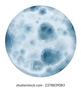 Hand drawn watercolor Moon. The moon is an object that orbits the earth.