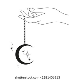 Hand with moon pendant on a chain and stars. Abstract symbol for cosmetics and packaging, jewelry, logo, tattoo. linear style. Esoteric