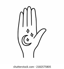 Hand with moon and star. Astrological symbol. Magic. Vector doodle illustration.