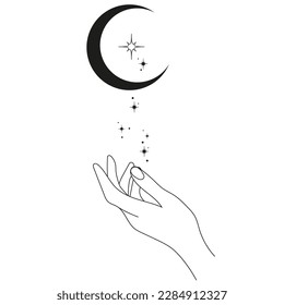 Hand with moon and stars. Abstract symbol for cosmetics and packaging, jewelry, logo, tattoo. linear style. Esoteric
