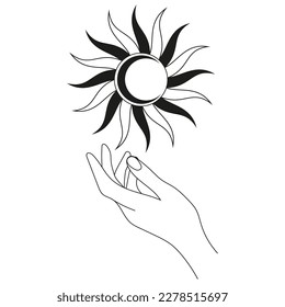 Hand with moon and sun. Abstract symbol for cosmetics and packaging, jewelry, logo, tattoo. linear style. Esoteric
