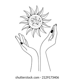 Hand. Moon and sun. Mystic. Boho illustration.