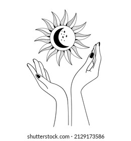 Hand. Moon and sun. Mystic. Boho illustration.