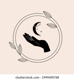 Hand with moon in trending style for mystical illustrations. Vector stock illustration