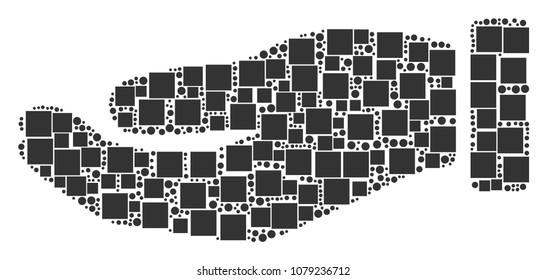 Hand mosaic icon of rectangles and circle particles in variable sizes. Vector objects are formed into hand mosaic design concept.