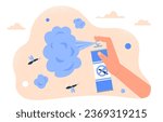 Hand with mosquito spray concept. Fight against insects in home. Chemical agent for protection against winged insects. Pest aerosol from parasite. Cartoon flat vector illustration