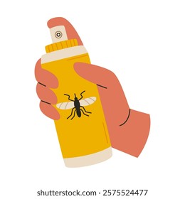 Hand with mosquito spray concept. Fight against insects. Pest aerosol from parasite. Flat vector illustration isolated on white background.