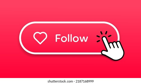 Hand mouse cursor click pink red follow button or sign for website, mobile app, UI.