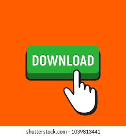 Hand Mouse Cursor Clicks the Download Button. Pointer Push Press Button Concept.