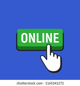 Hand Mouse Cursor Clicks the Online Button. Pointer Push Press Button Concept.
