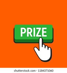 Hand Mouse Cursor Clicks the Prize Button. Pointer Push Press Button Concept.