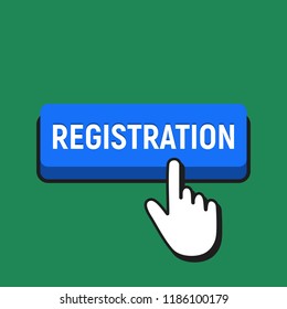 Hand Mouse Cursor Clicks the Registration Button. Pointer Push Press Button Concept.