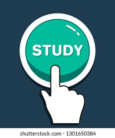 Hand mouse cursor clicks the round study button. Hand icon pointer. Illustration for graphic and web design. Vector Push Button Concept