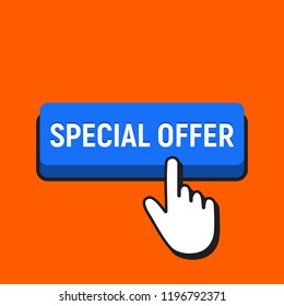 Hand Mouse Cursor Clicks the Special Offer Button. Pointer Push Press Button Concept.