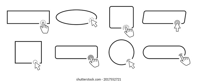 with hand or mouse cursor. Computer mouse cursor or hand pointer symbol. Click here web button sign isolated. Outline vector icon set