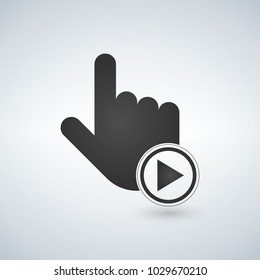 Hand mouse cursor with play button in circle. vector illustration.