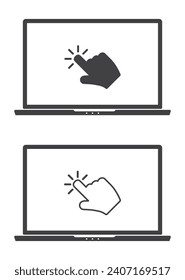Hand mouse cursor pointer on laptop computer screen icon