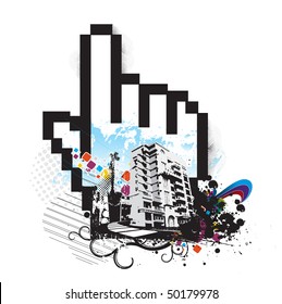 hand mouse symbol with urban background, vector illustration