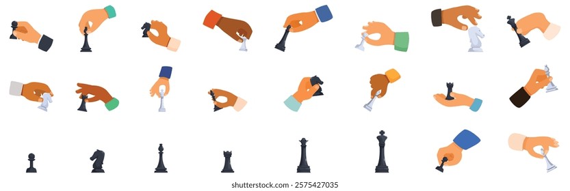 Hand move chess icons set. Hands maneuvering chess pieces during a chess tournament, illustrating strategy, gameplay, and competition