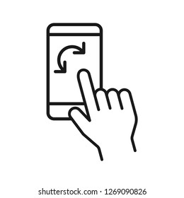 Hand move on mobile rotate. Simple line icon. Isolate on white background. Vector.