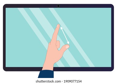 Handbewegung auf dem Touchscreen. Tablette und Handsteuerung.