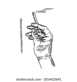 Movimientos manuales. mano derecha sosteniendo un cigarrillo con humo. Ilustración vectorial de un esbozo retro vintage. Estilo de grabado. negro aislado en un fondo blanco. ilustración de diseño gráfico vectorial