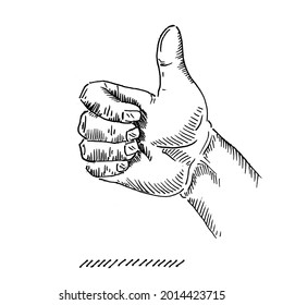 Hand movements. right hand thumb up. Vector illustration of a vintage retro sketch. Engraving style. black isolated on a white background. vector graphic design illustration sketch
