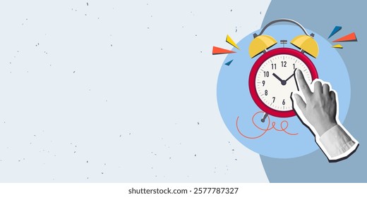 Hand moves alarm clock arrow , place for text. Modern collage style. Vector illustration