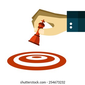 Hand moves a chess pawn to dart target. flat design. vector illustration