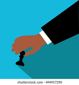 Hand moves chess piece illustration isolated in a light blue background