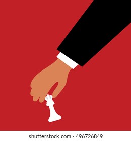 Hand moves chess piece illustration isolated in a red background