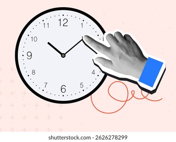 Hand moves clock arrow. Modern collage style. Vector illustration