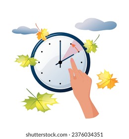 The hand moves the clock hands to winter time. Turning to winter time, autumn hours. Flat style, vector illustration. Vector illustration