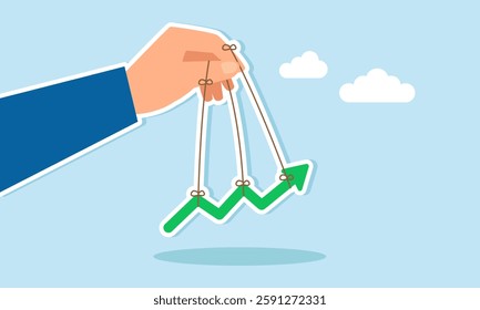 A hand moves a line chart using strings tied to its fingers, illustration of a trigger to boost business performance, profit, and revenue