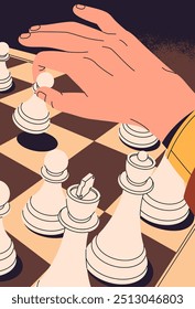 La mano mueve el peón en el torneo. Ajedrecistas blancos en cartel de Vertical de tablero de ajedrez. Personas juegan juegos de mesa de inteligencia con figuras. Concepto de estrategia, táctica en los negocios. Ilustración vectorial plana